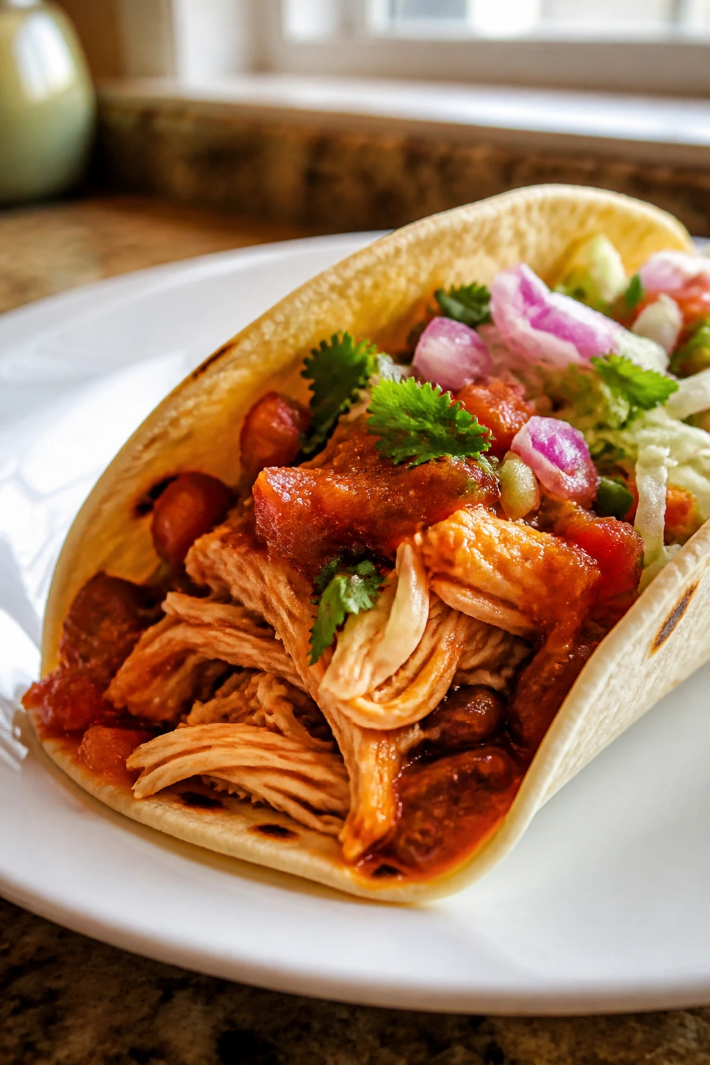 Close-up of salsa chicken taco showing shredded chicken and salsa