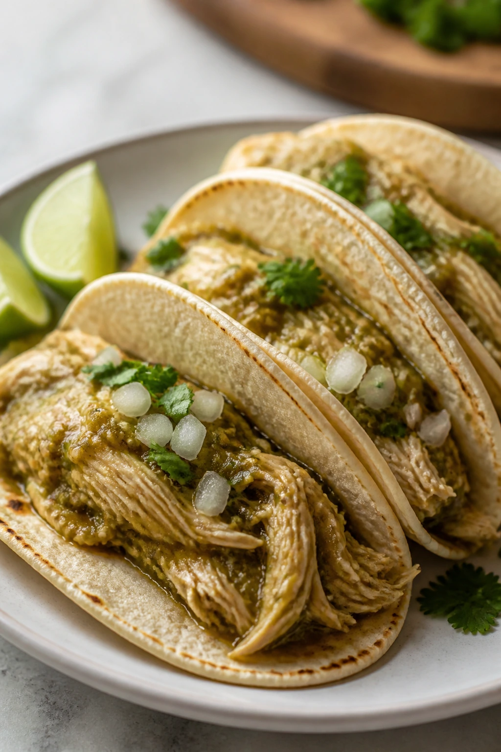 Plate of salsa verde chicken tacos with shredded chicken