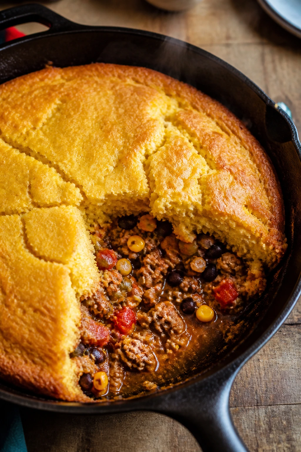 Tamale pie with cornbread topping in a cast-iron skillet