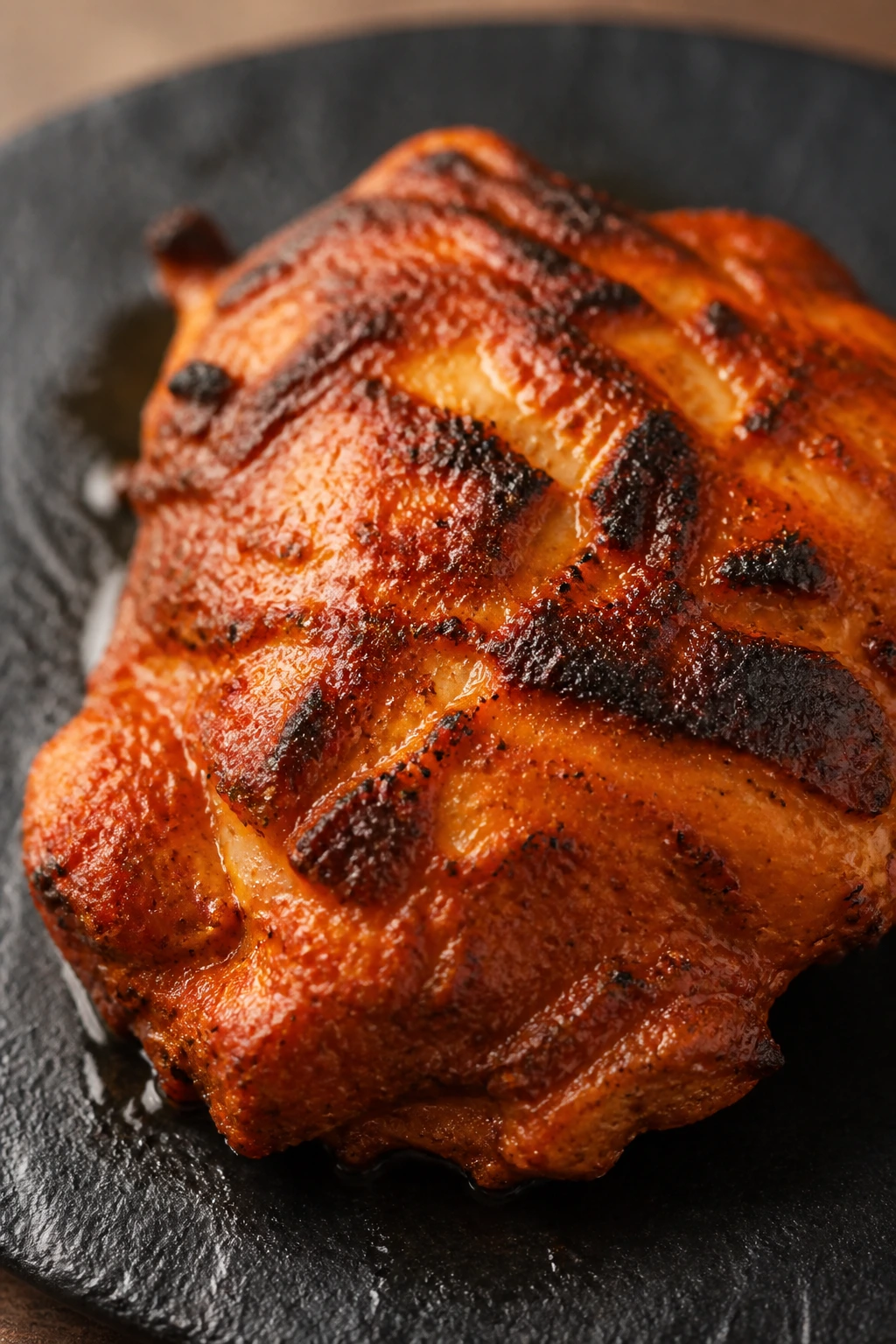 Close-up of tandoori yogurt chicken thigh with brick-red spice coating on a dark plate
