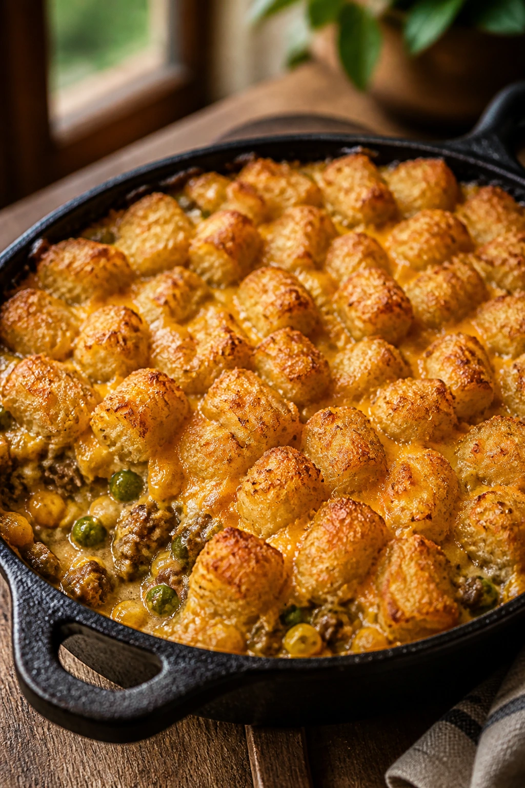 Close-up of a golden tater tot casserole with crisp top and melted cheese in a cast-iron skillet.