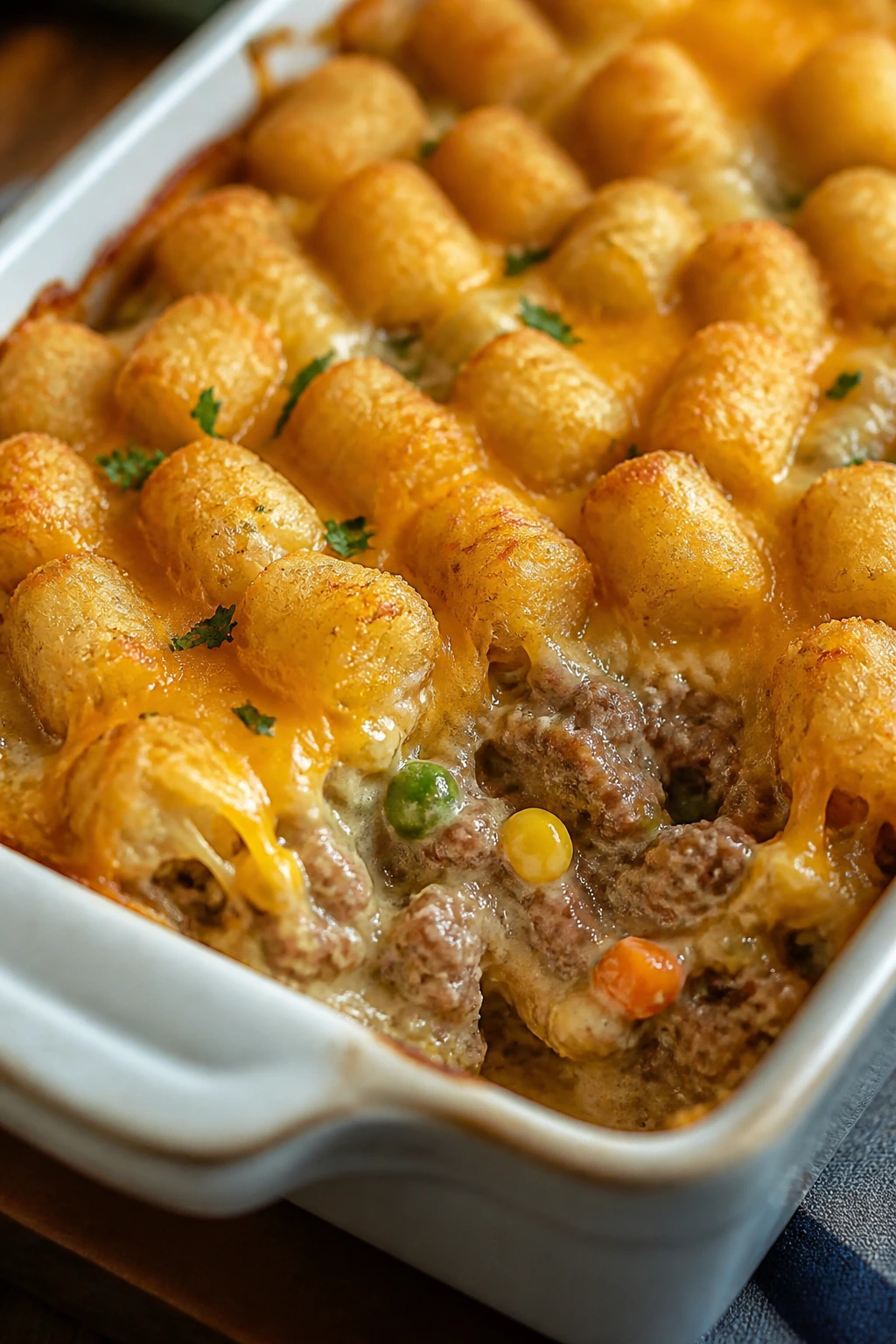 Pan of cheesy hotdish with golden tater tots on top in a cozy kitchen