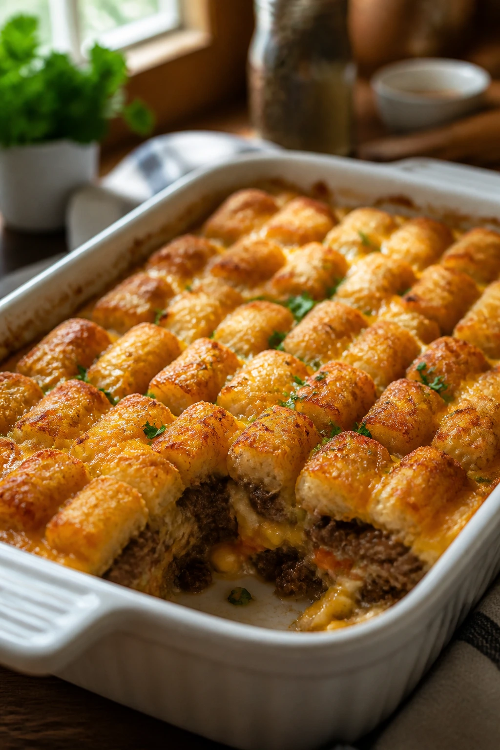 Close-up of crispy-topped tater tot casserole squares in a baking dish on a rustic kitchen counter