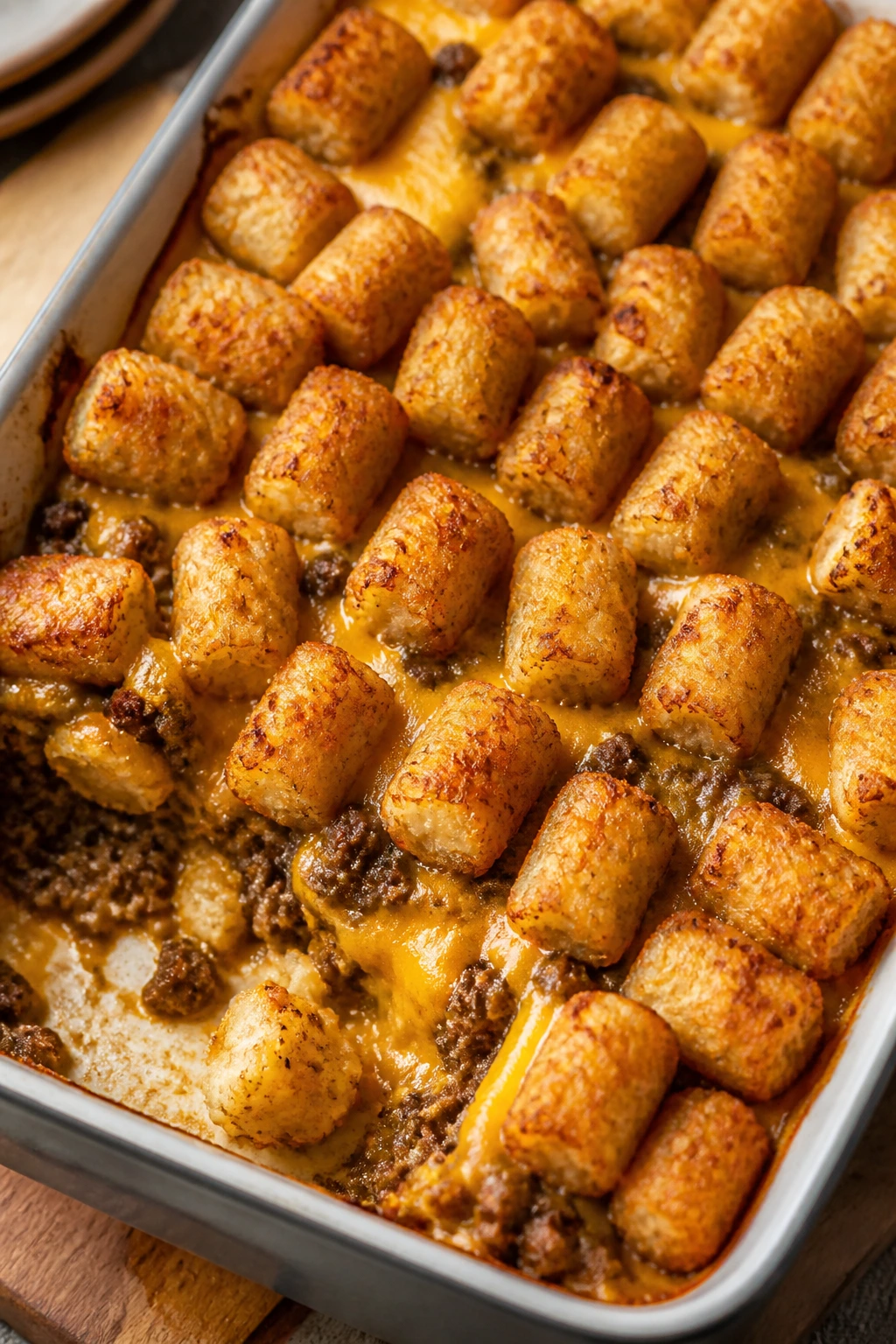 Close-up of Cheeseburger Tater Tot Casserole with crispy topping