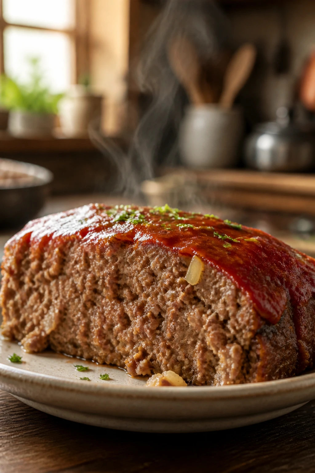Tender meatloaf slice steaming on plate in kitchen