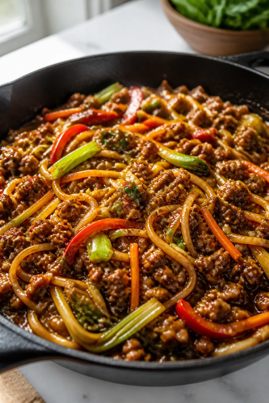 Close-up of teriyaki beef noodles in a skillet