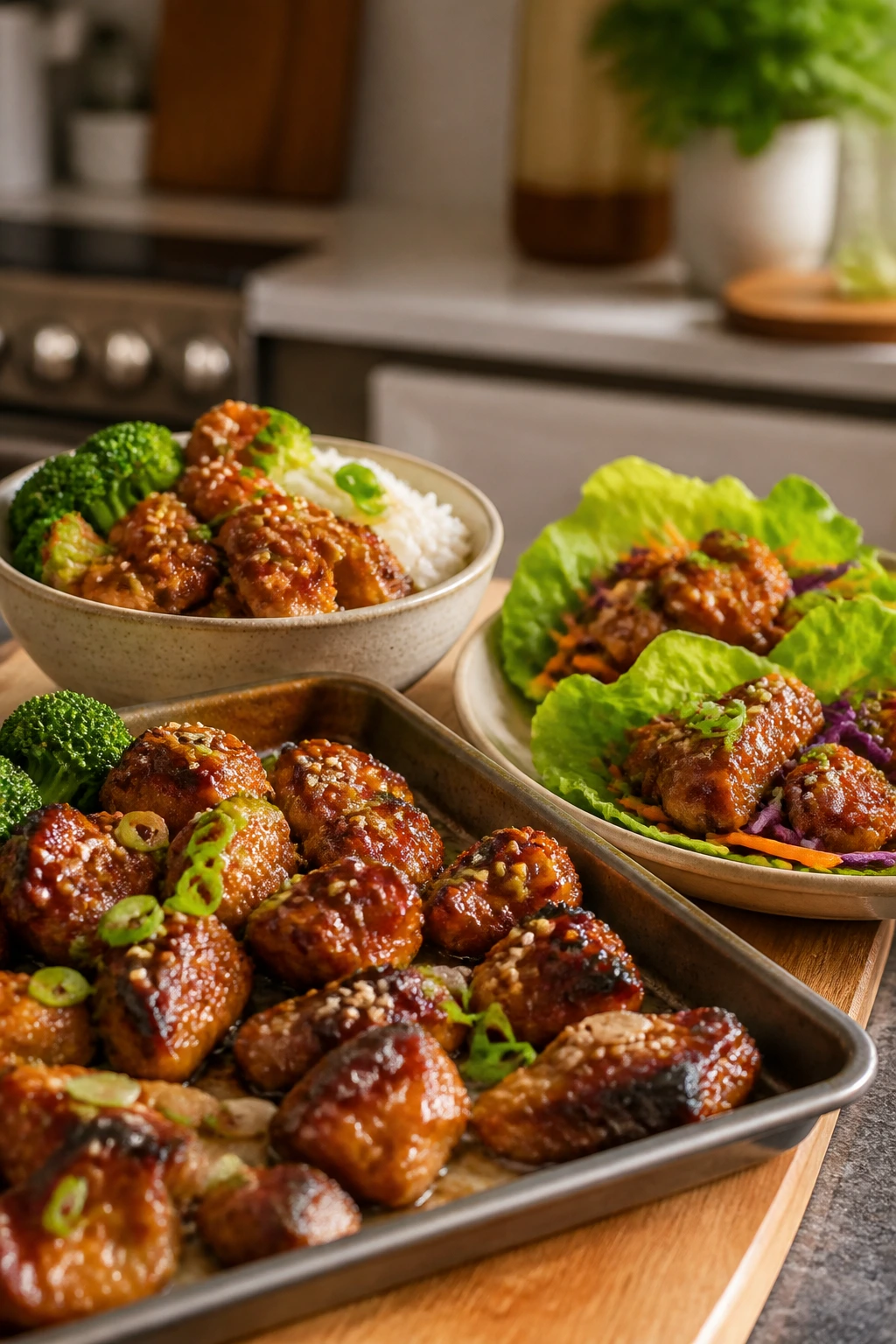 Three teriyaki servings on counter showing rotation: sheet-pan, bowls, and lettuce wraps
