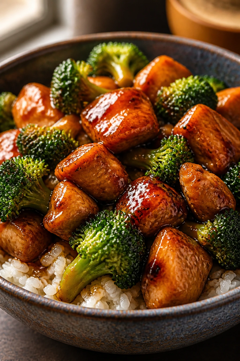 Close-up of teriyaki chicken broccoli bowls with glossy sauce over rice in a deep bowl.