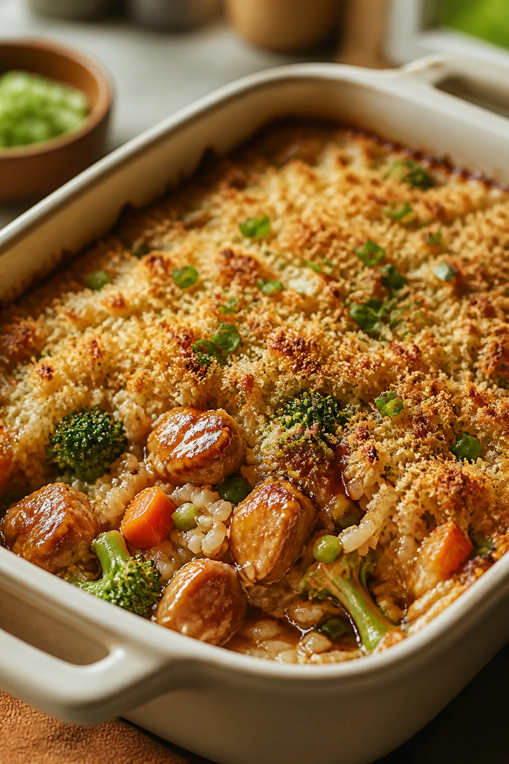 Bubbly teriyaki casserole with rice and vegetables