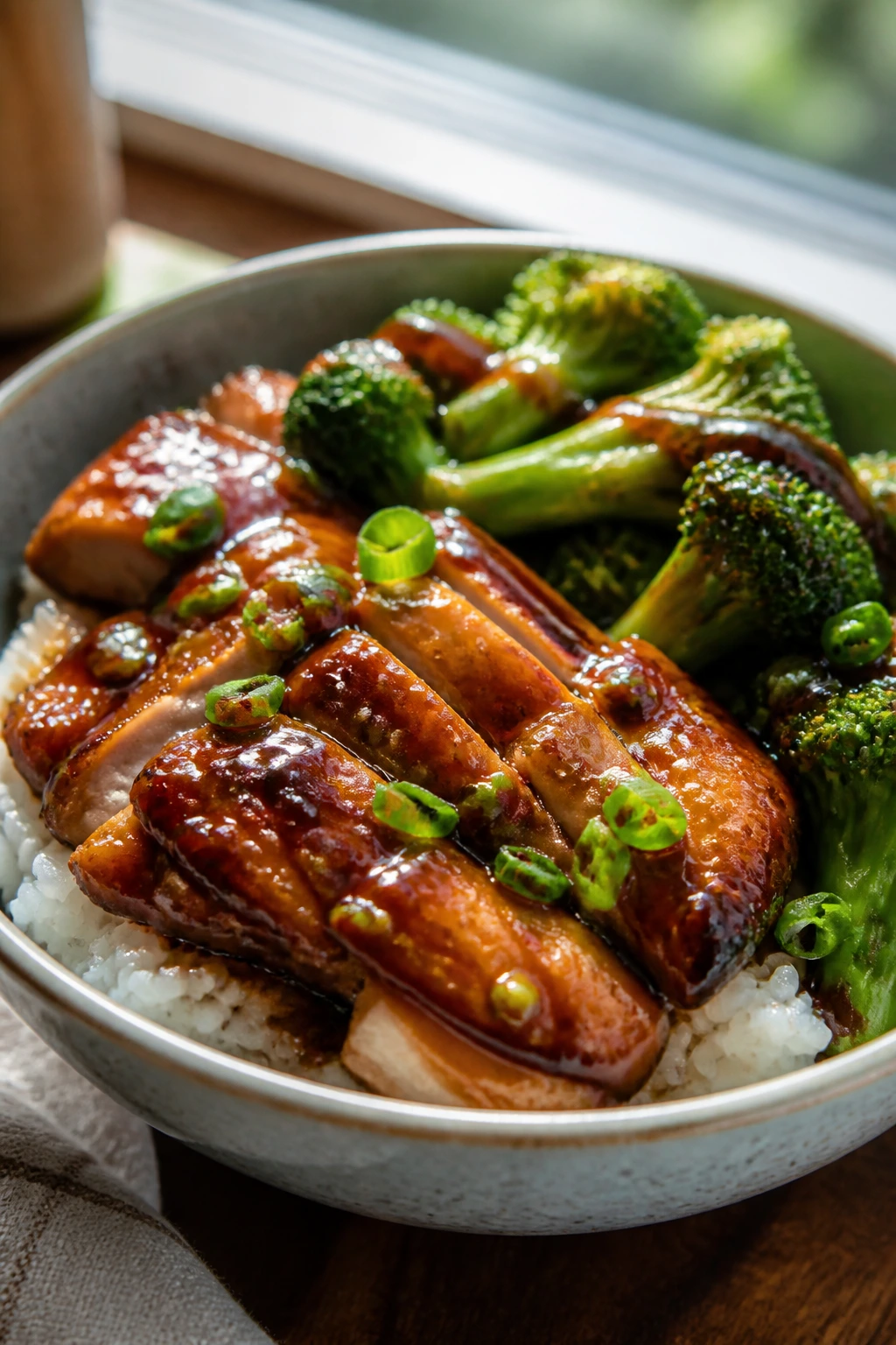 Close-up of teriyaki chicken bowls with broccoli over rice