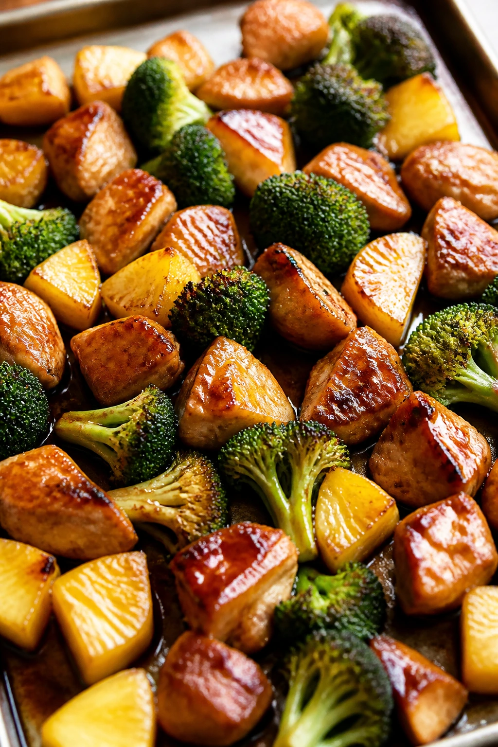 Close-up of teriyaki chicken with broccoli and pineapple on a sheet pan in a kitchen