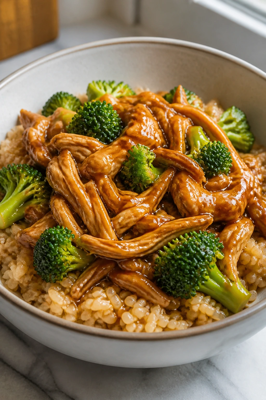 Teriyaki chicken with broccoli and rice in bowl.