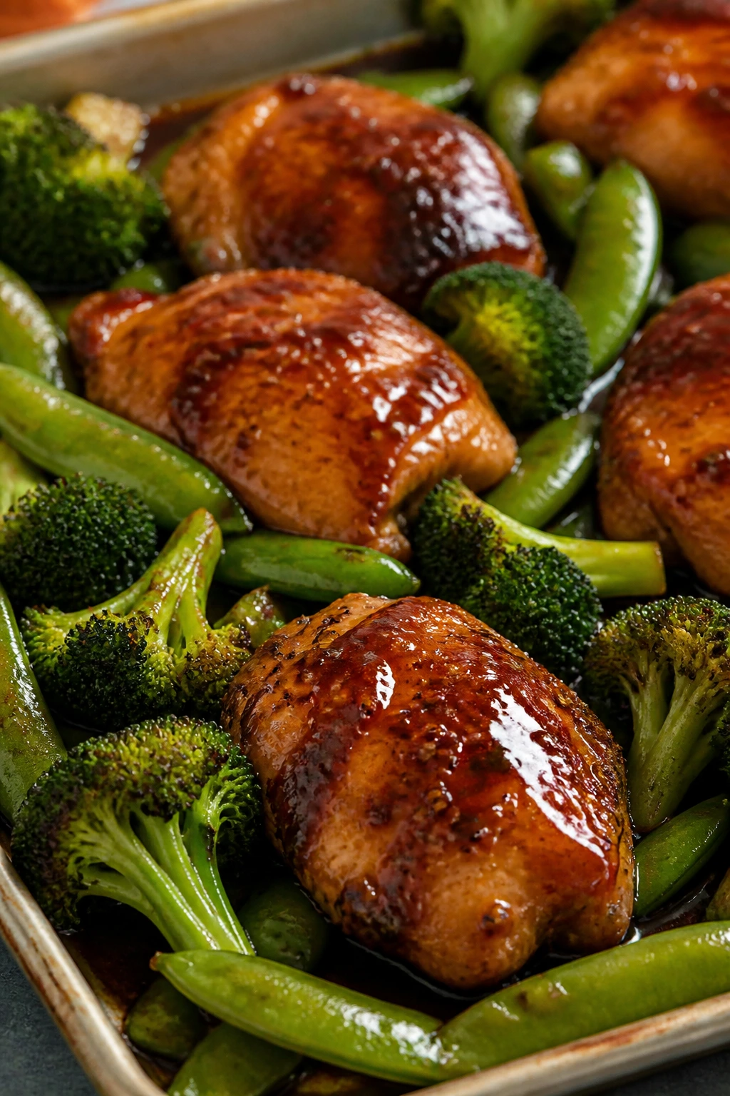 Close-up of teriyaki chicken with broccoli and snap peas on a sheet pan