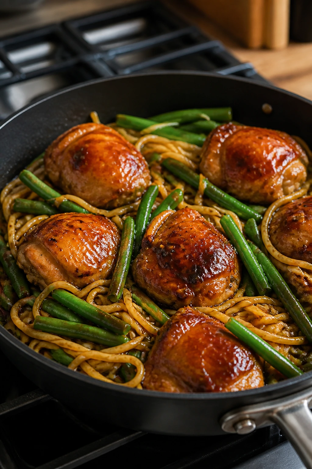 Close-up of teriyaki-glazed chicken with green beans and noodles in a skillet