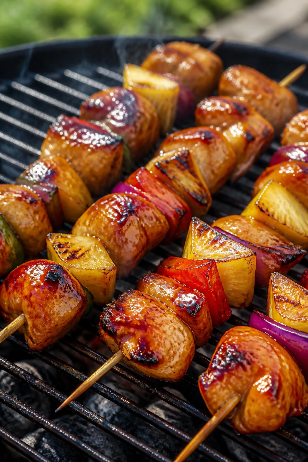 Teriyaki chicken kebabs with pineapple on grill outdoors