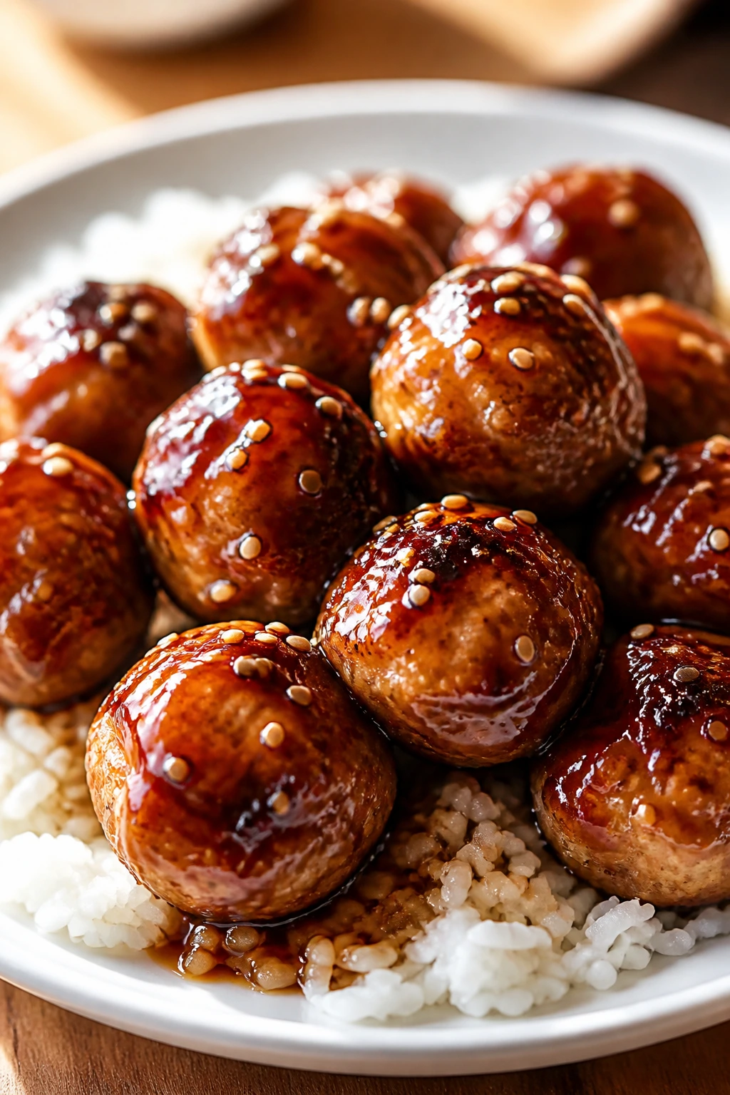 Glossy teriyaki chicken meatballs on plate with sesame seeds