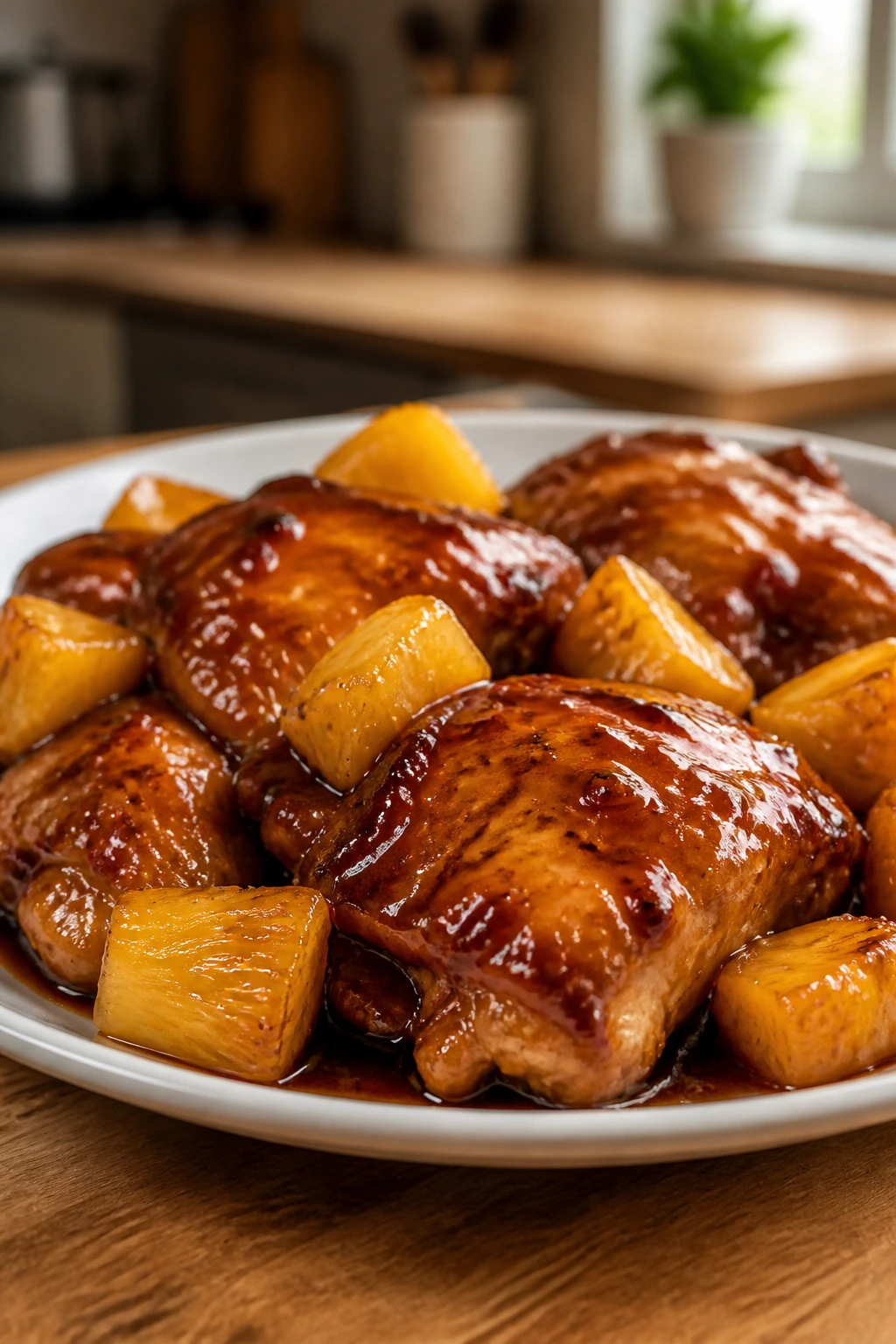 Teriyaki chicken and pineapple on a plate in a kitchen