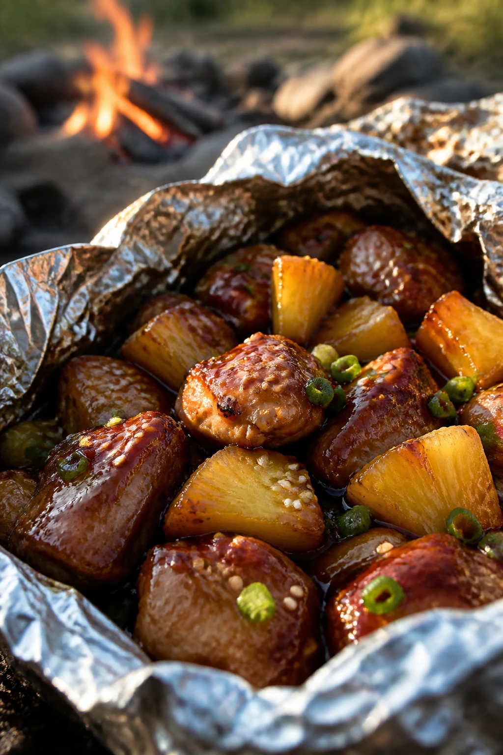 Teriyaki chicken and pineapple foil packet at campsite
