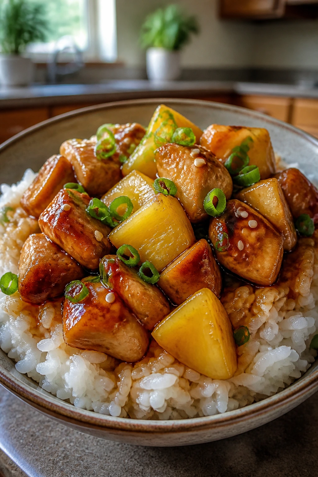 Glossy teriyaki chicken with pineapple on jasmine rice in a bowl