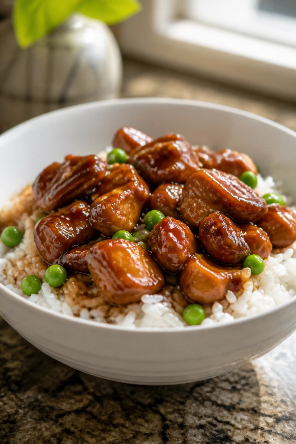 Close-up of glossy teriyaki chicken over white rice with peas in a bowl