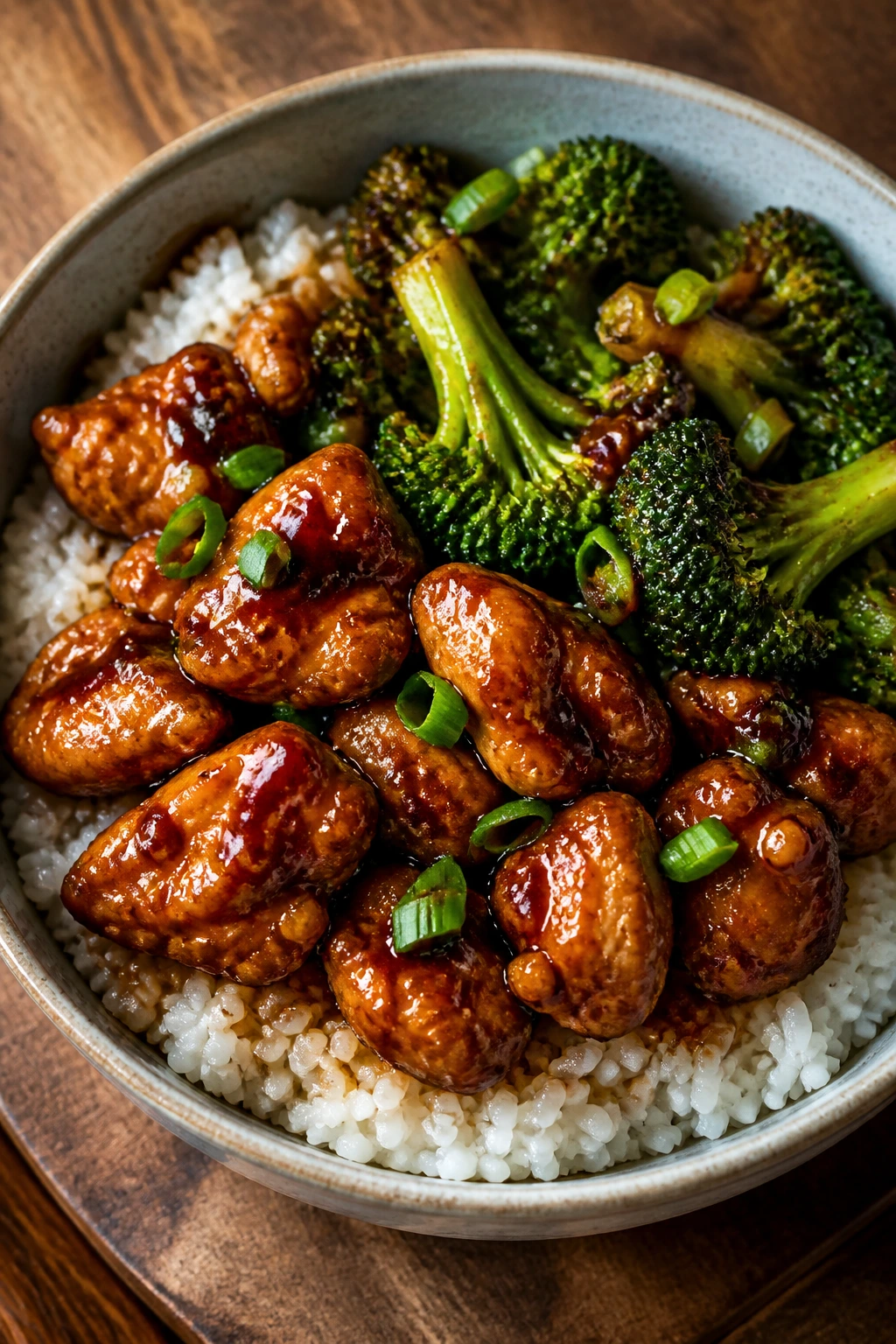 Close-up of sticky teriyaki chicken over rice in a single bowl on a wooden counter