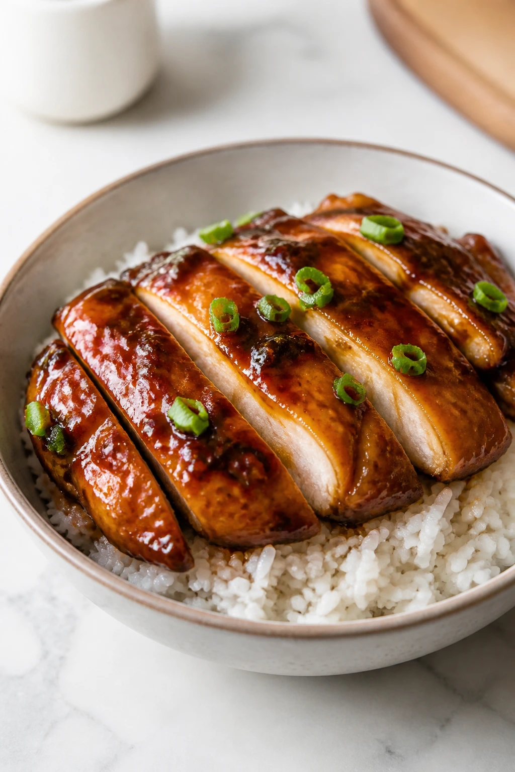Close-up of teriyaki chicken over white rice in a bowl