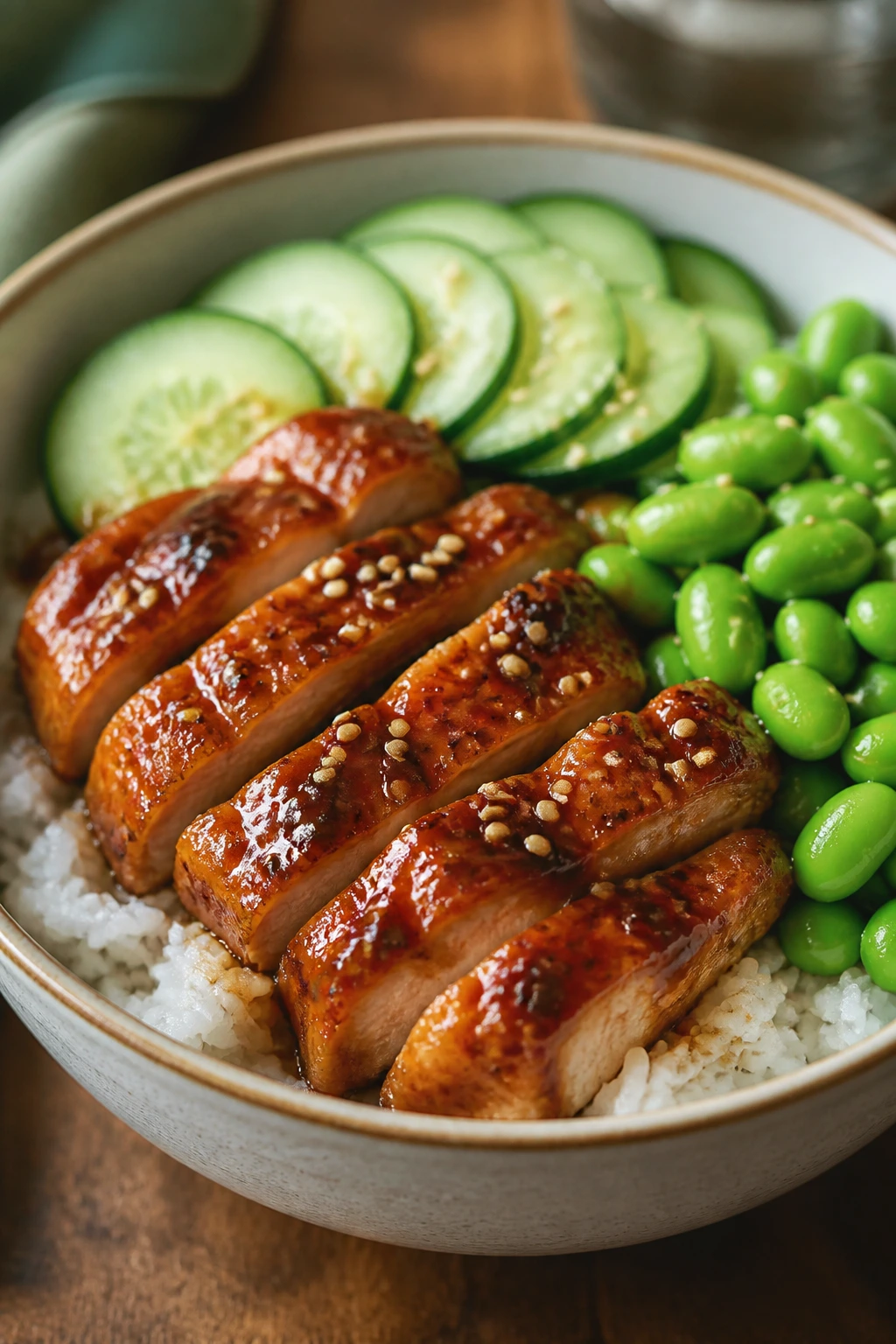 Teriyaki chicken rice bowl with cucumber and edamame