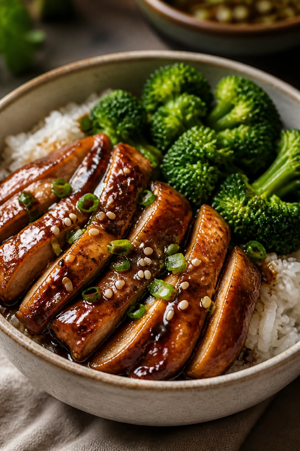Close-up of teriyaki chicken rice bowls with broccoli in a home kitchen