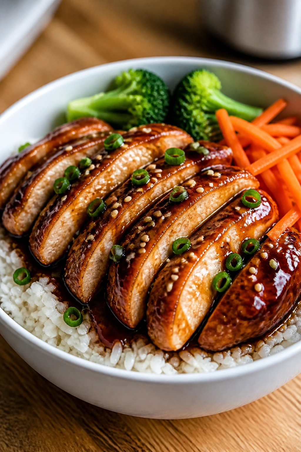Close-up of teriyaki chicken rice bowls with broccoli and carrots
