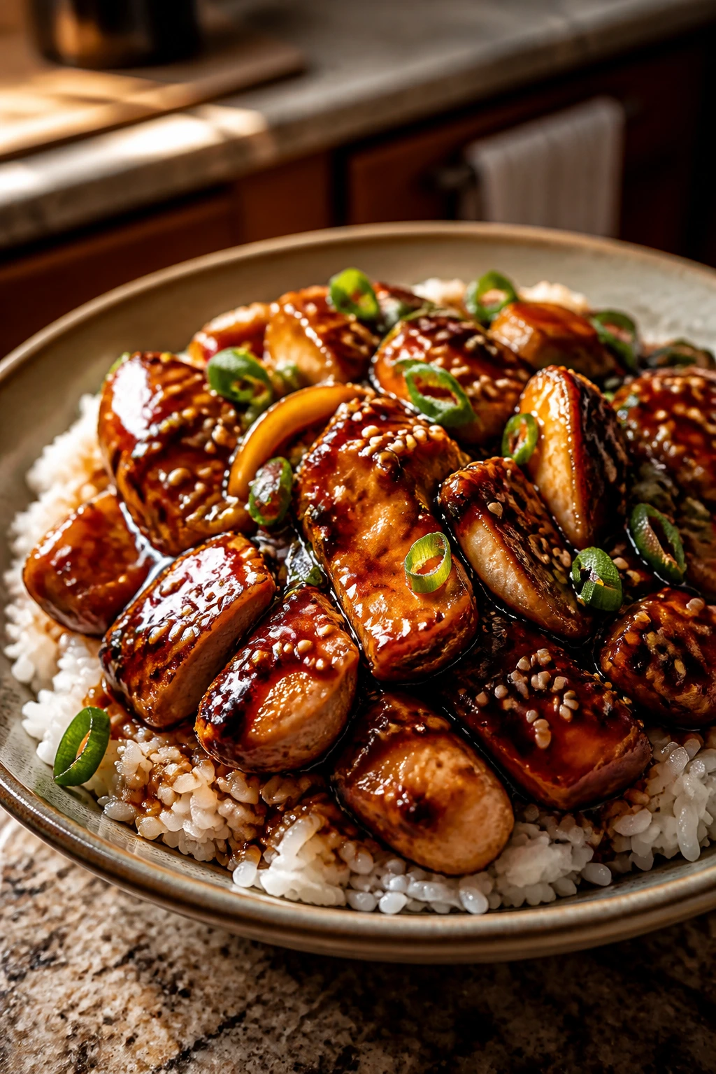 Teriyaki chicken plated over rice with glaze and sesame seeds