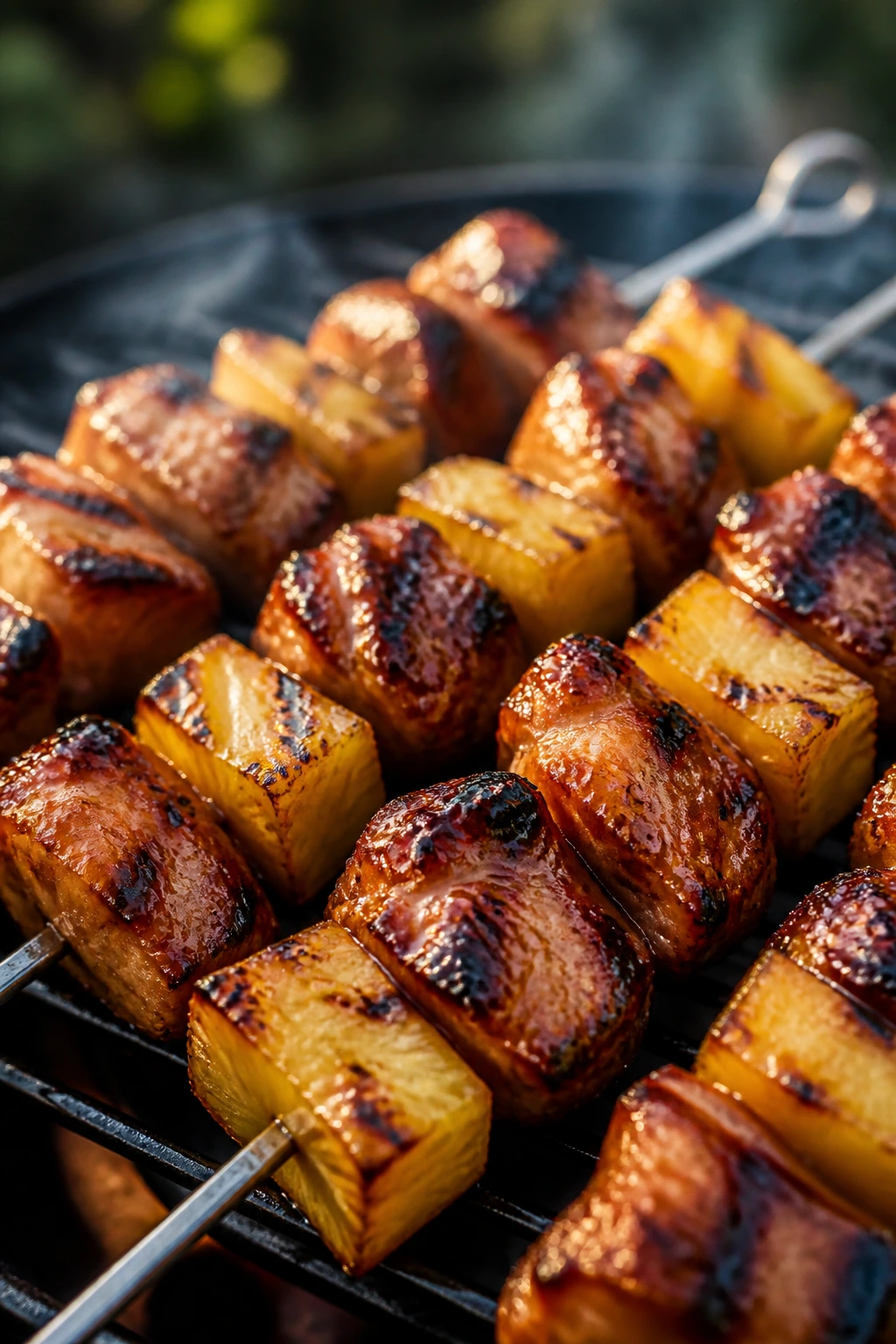 Close-up teriyaki chicken and pineapple skewers on grill