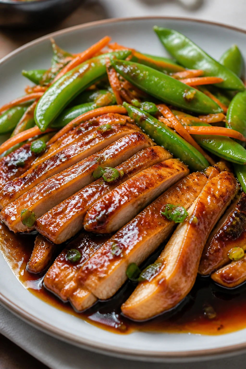 Close-up of teriyaki chicken with snap peas on plate