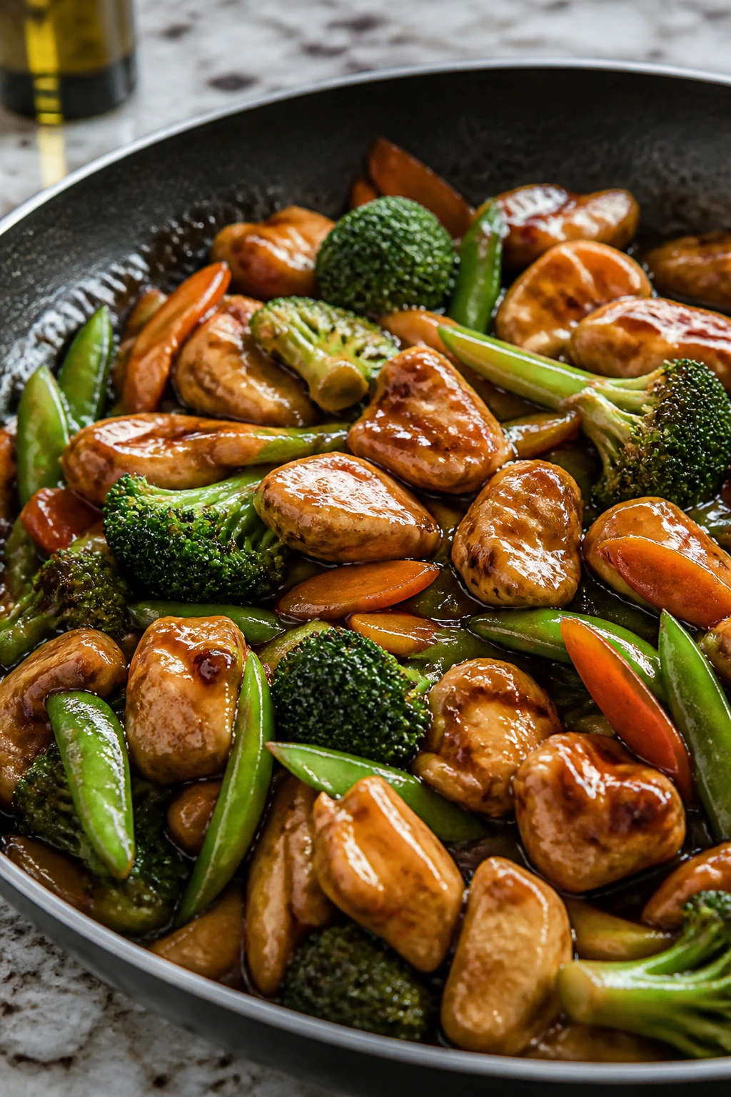 Close-up of chicken teriyaki stir-fry with vegetables.