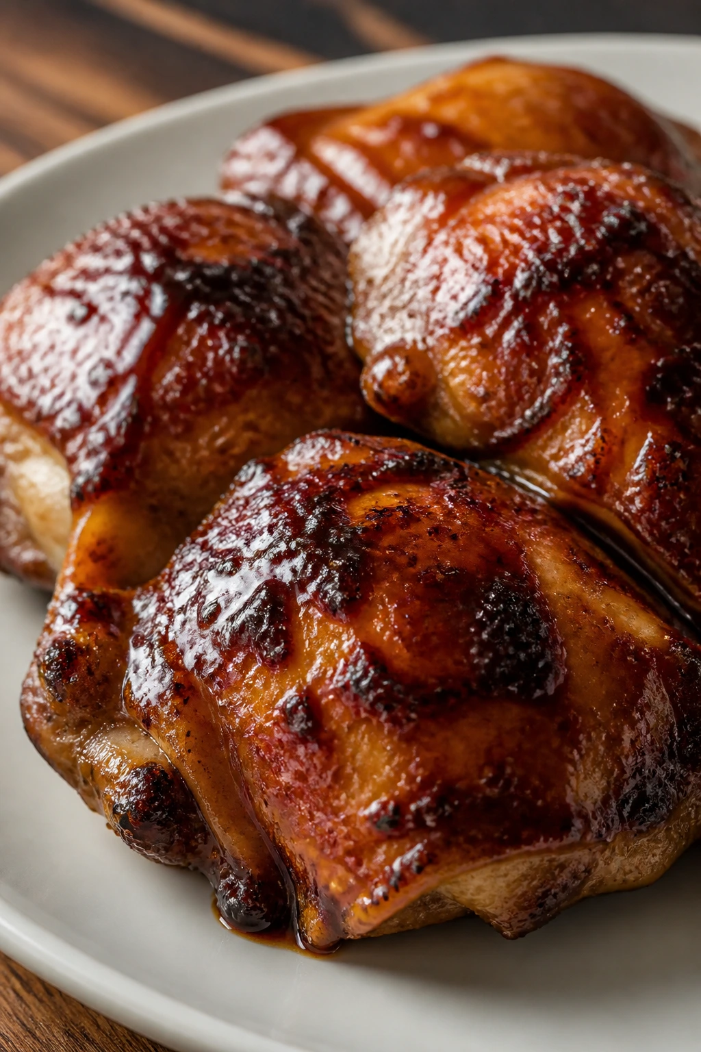 Close-up of teriyaki chicken thighs with glossy glaze on plate