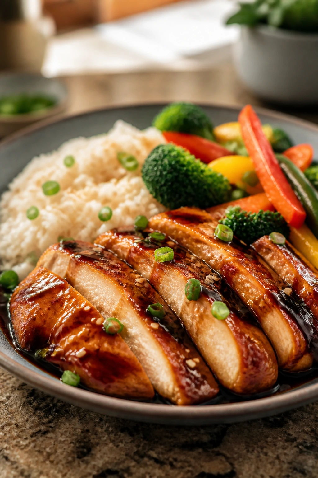 Close-up of a glossy teriyaki chicken dinner plated with rice and vegetables in a warm kitchen