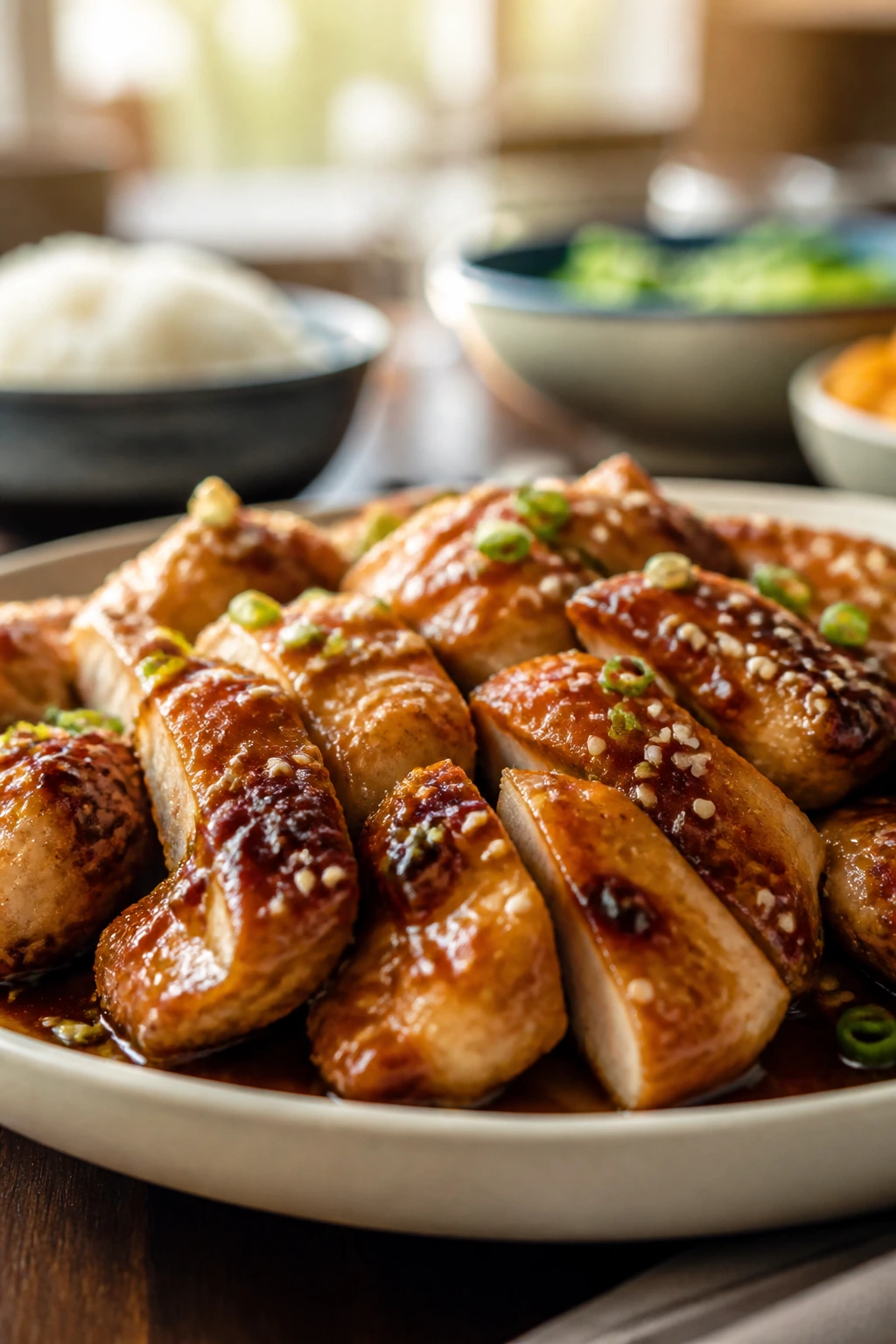Glossy teriyaki chicken on a plate at family dinner table