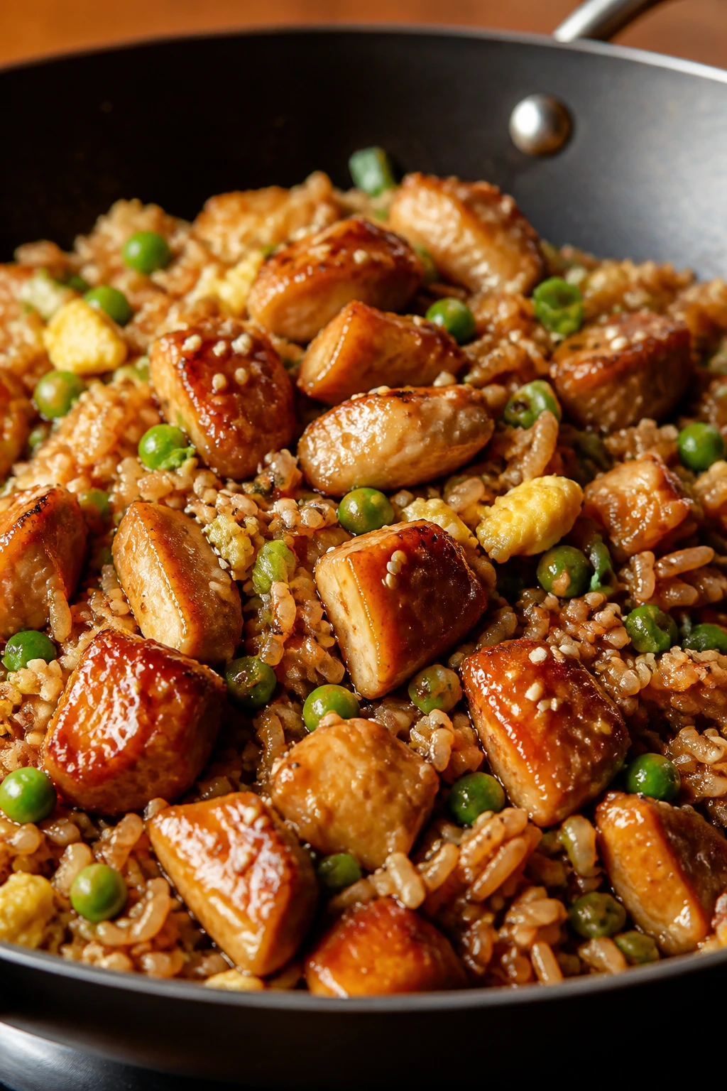 Close-up of teriyaki chicken fried rice with eggs and peas