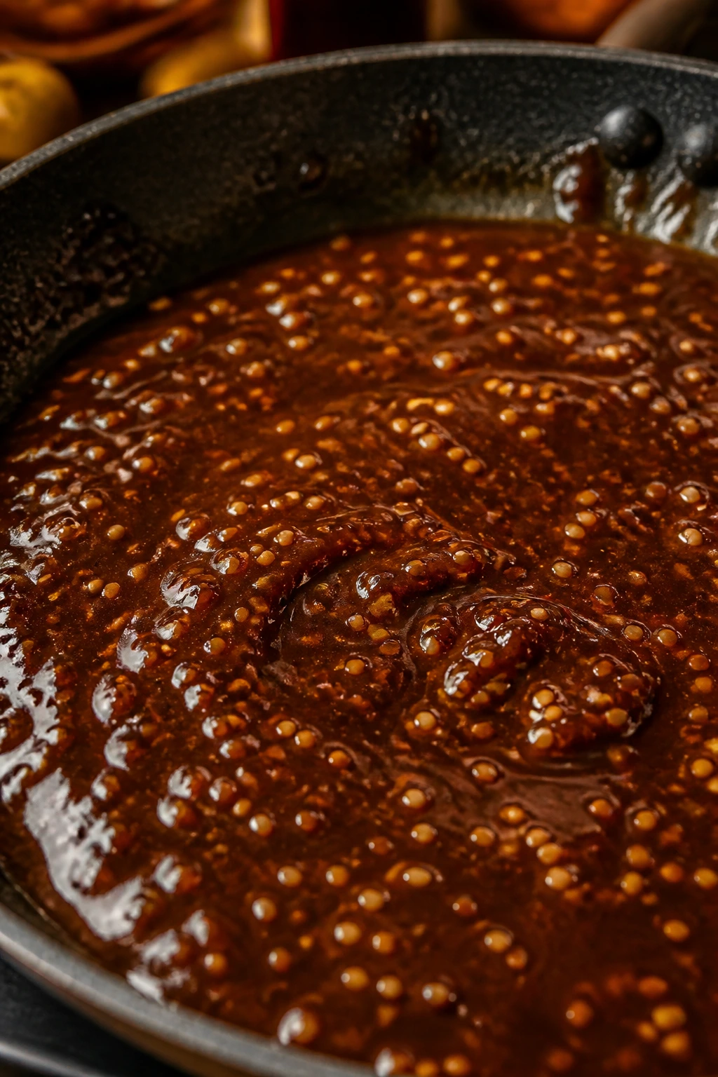 Glassy teriyaki glaze with sesame seeds in a pan