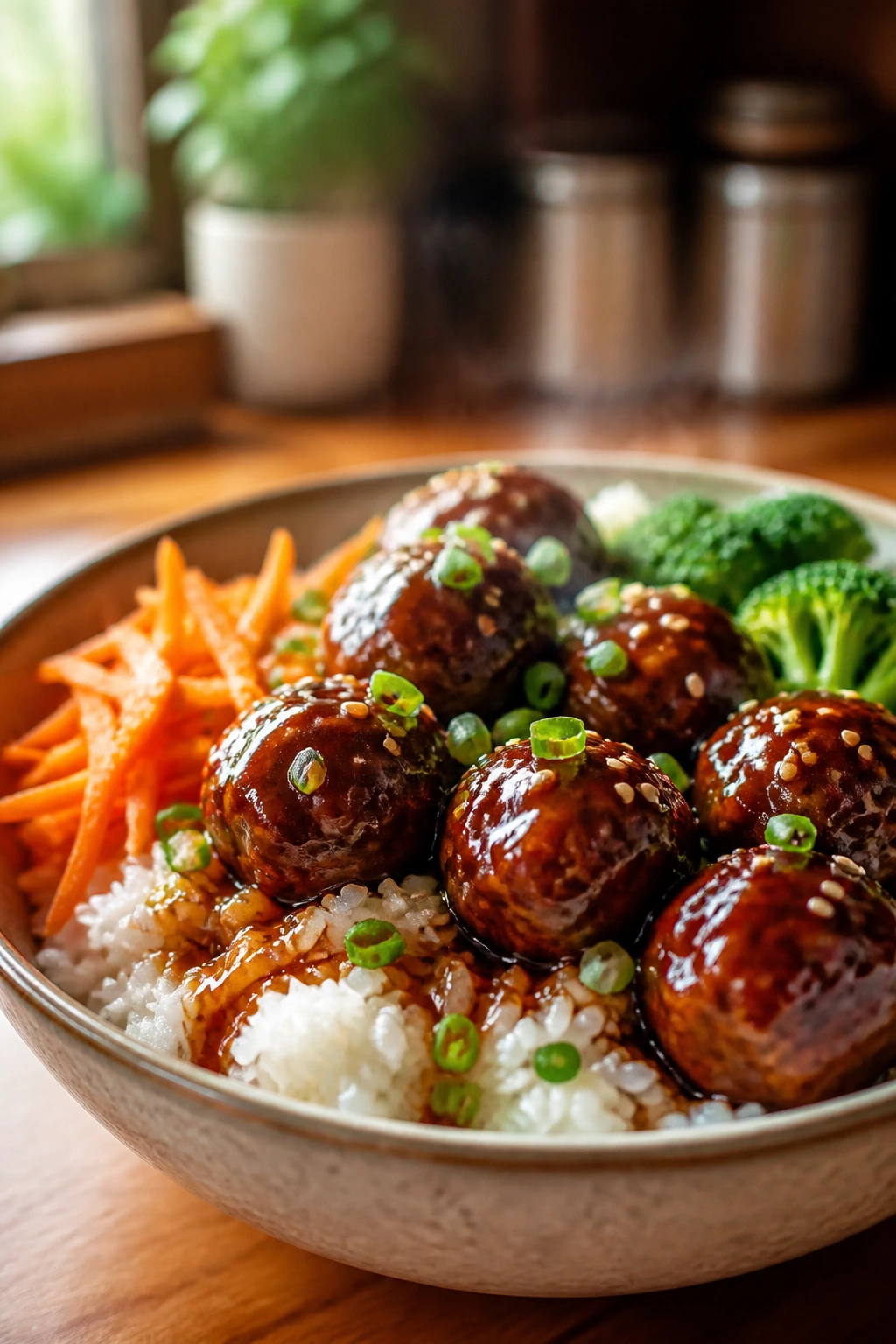 Close-up of teriyaki meatball rice bowl with broccoli and carrot in a warm kitchen.