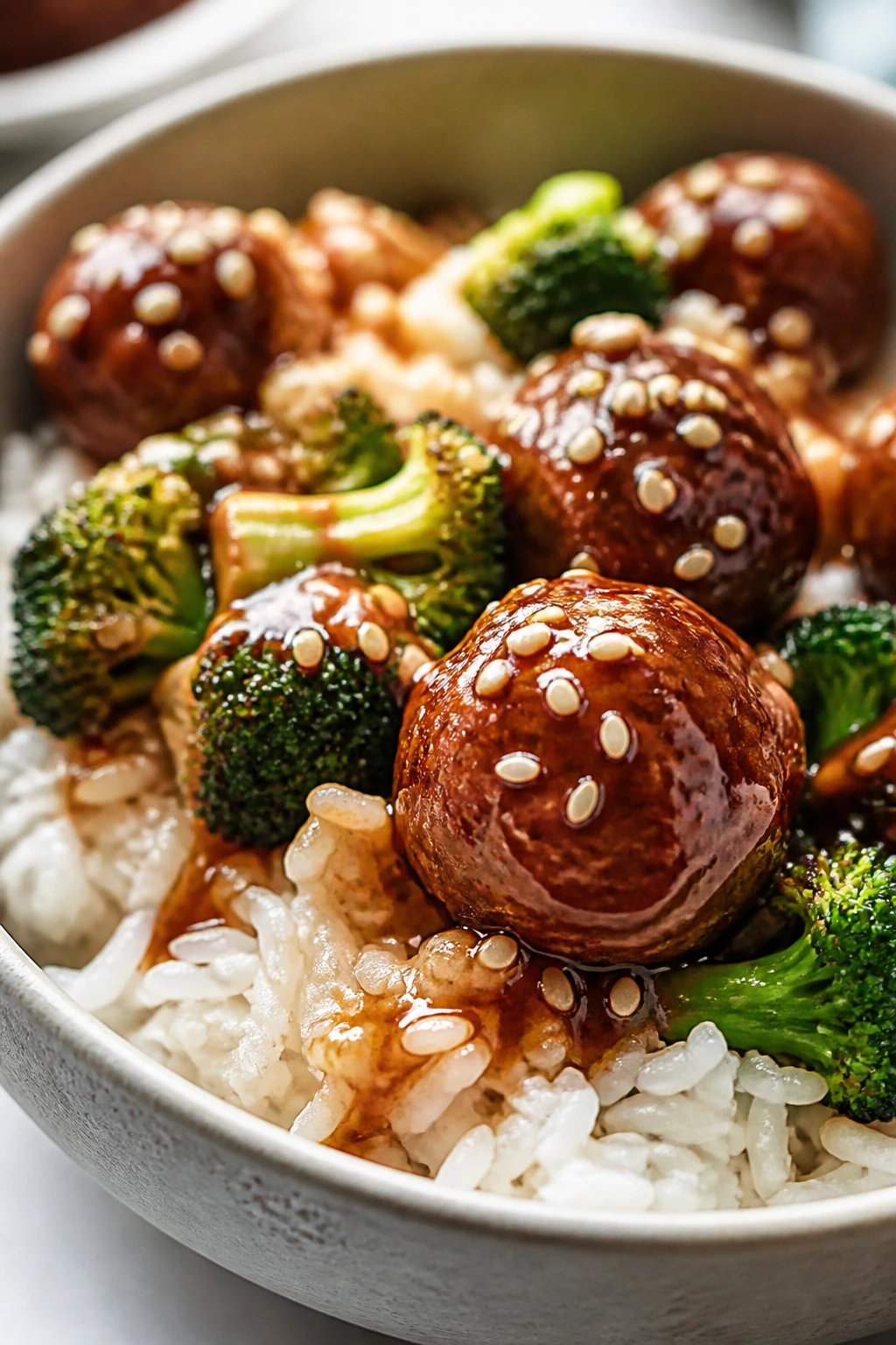 Teriyaki meatballs with broccoli and rice in a bowl