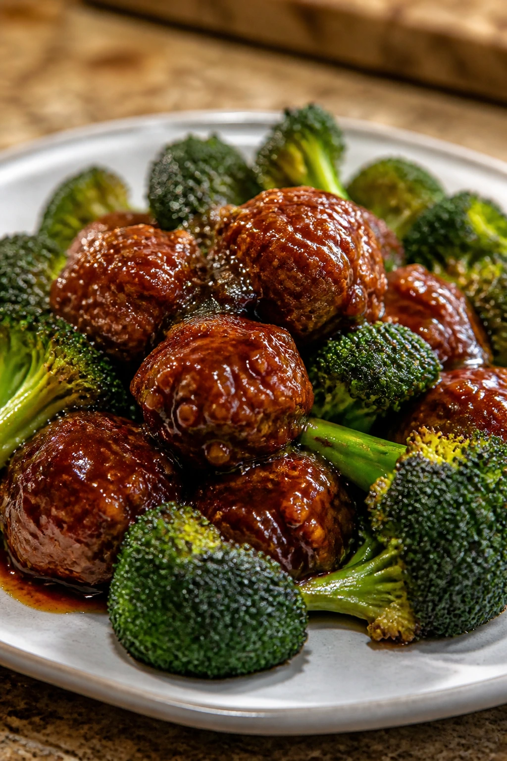 Close-up of teriyaki meatballs and broccoli on a plate