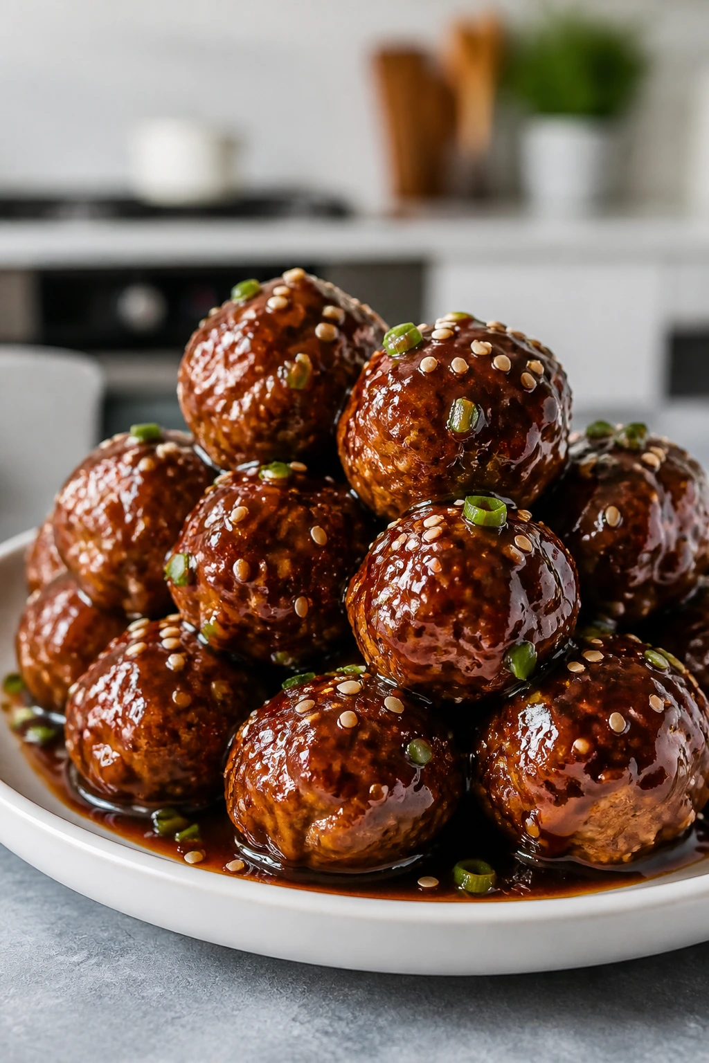 Glossy teriyaki meatballs with glaze on a plate