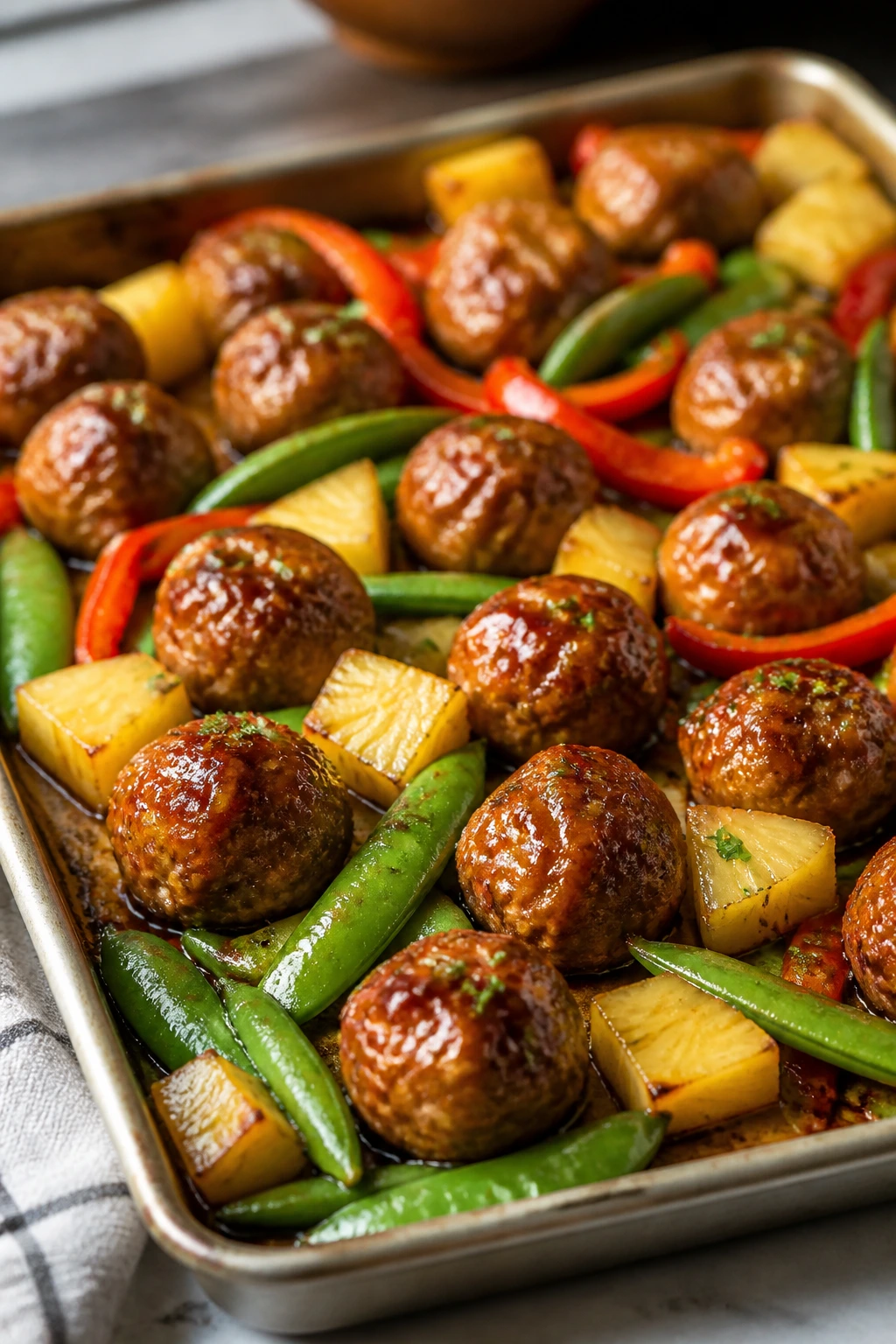 Glossy teriyaki chicken meatballs with pineapple and snap peas on a sheet pan