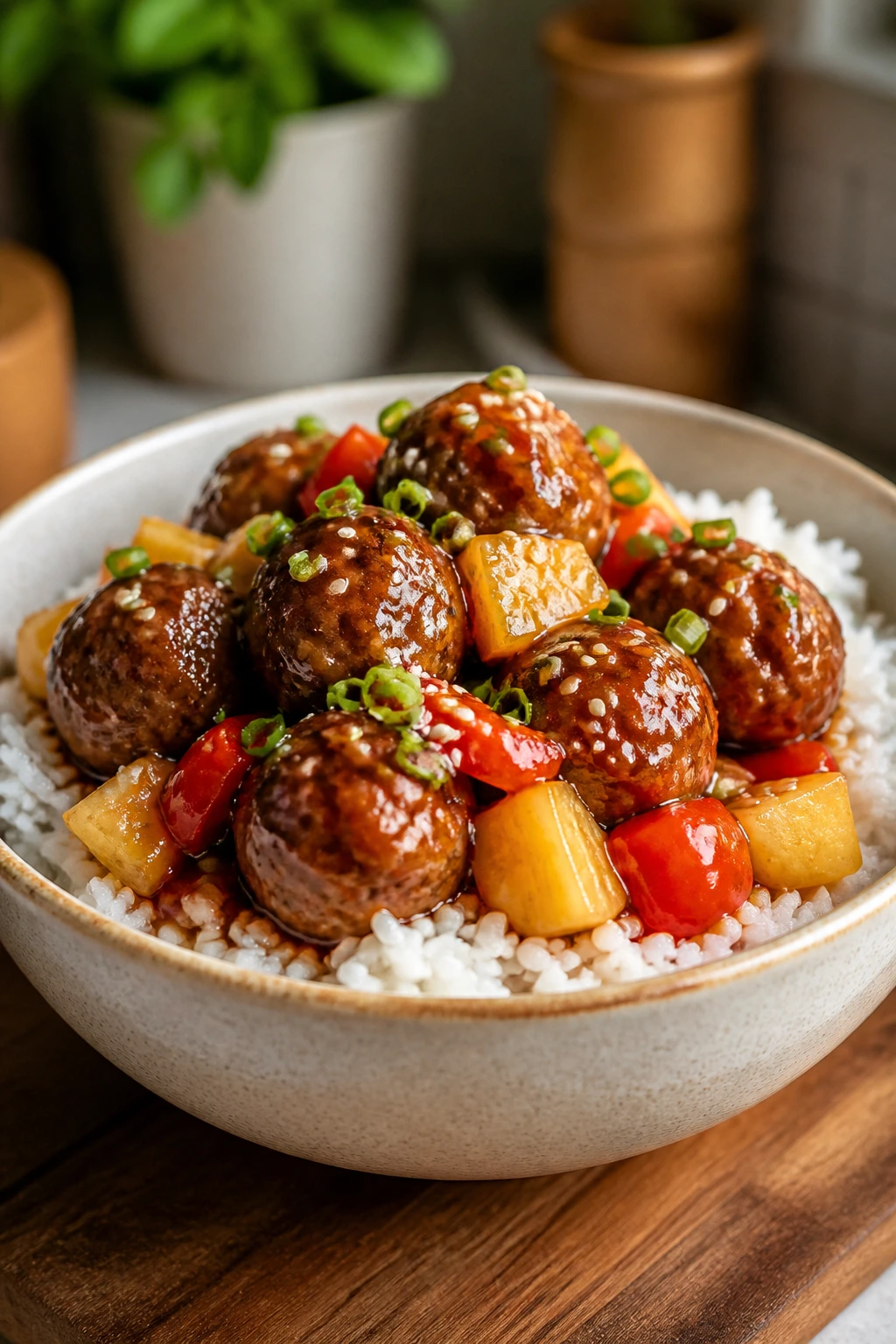Close-up bowl of teriyaki meatballs with rice and pineapple toppings
