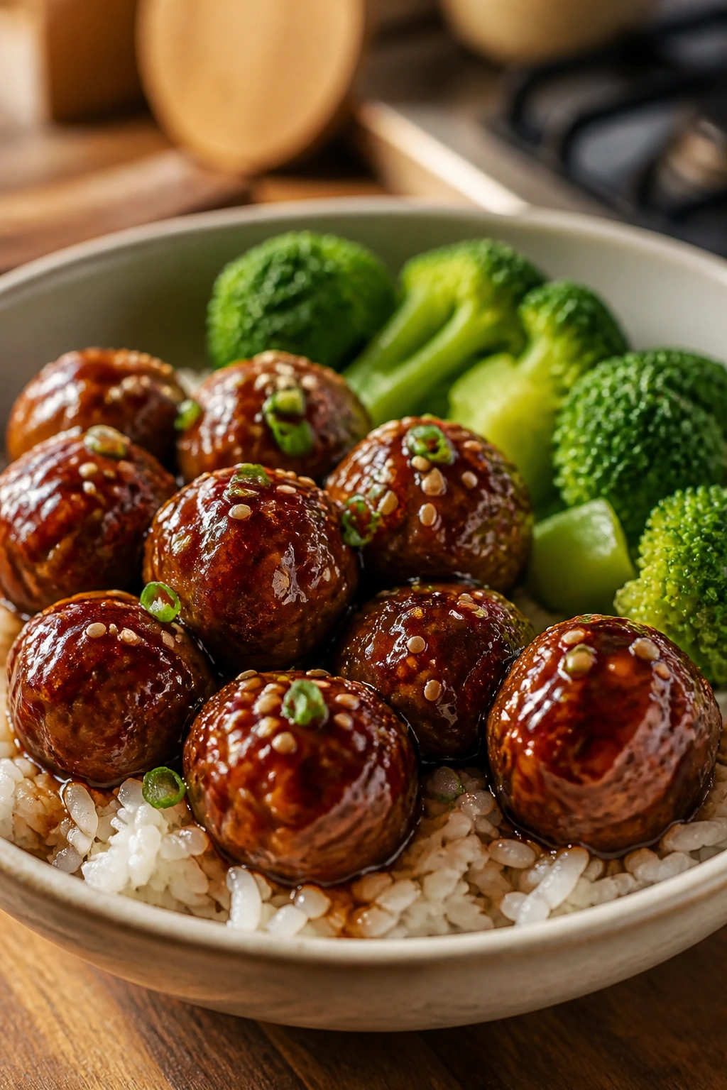 Teriyaki meatballs atop white rice in a bowl with broccoli