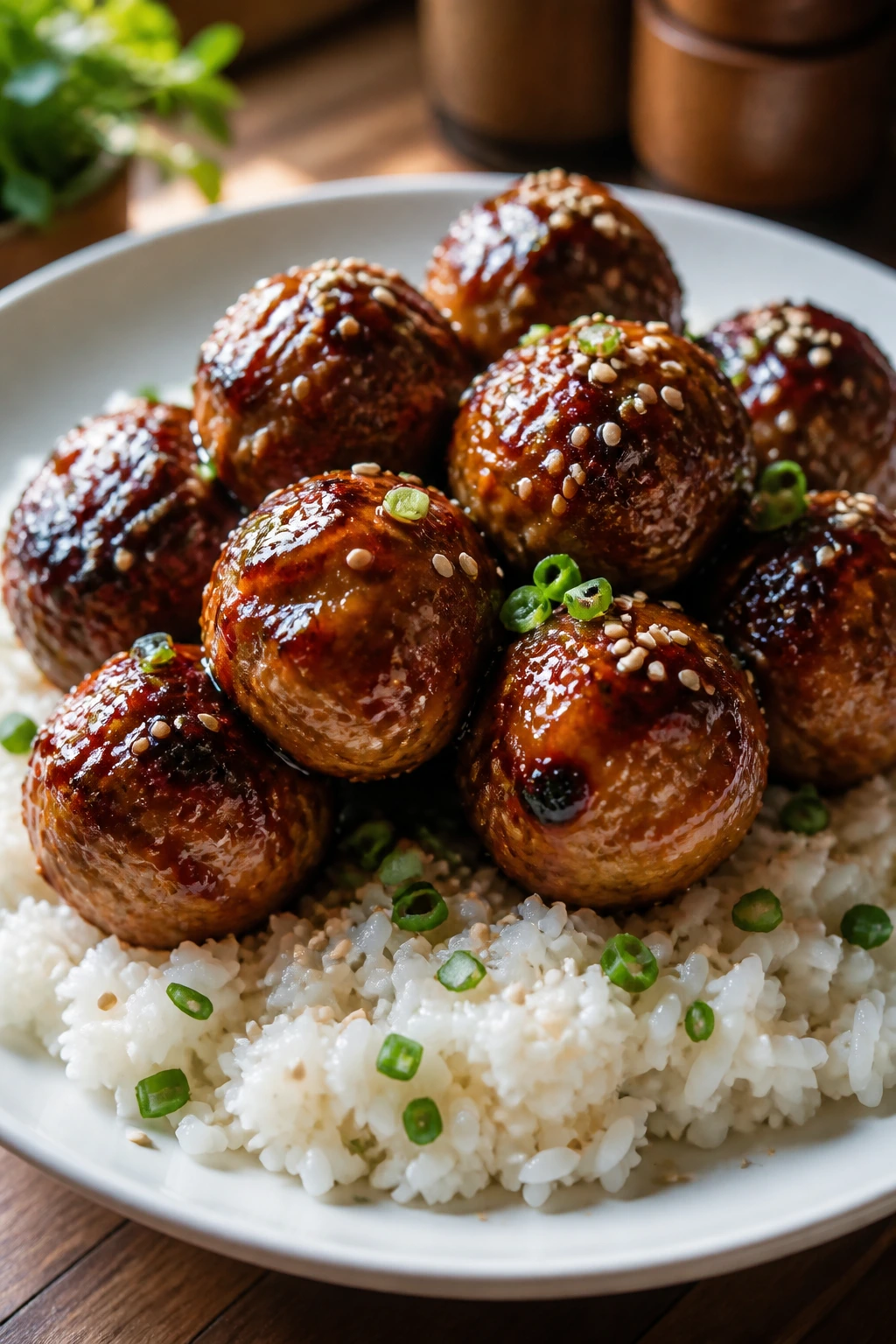 Close-up of lacquered teriyaki chicken meatballs with sesame rice