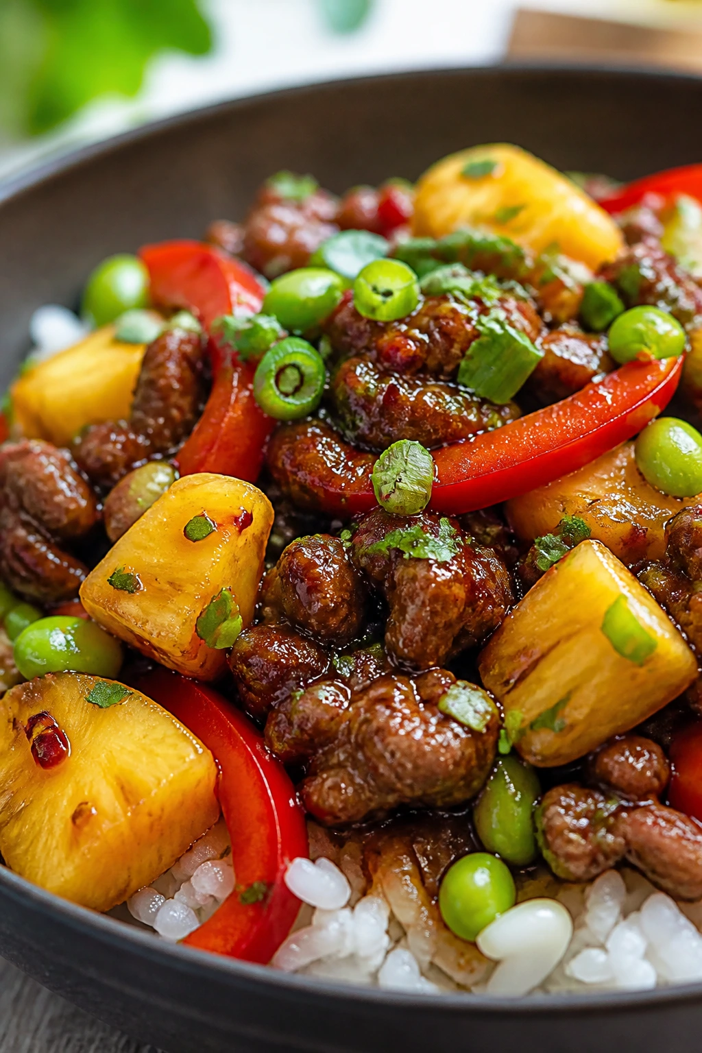 Close-up of teriyaki pineapple hot honey beef bowl.