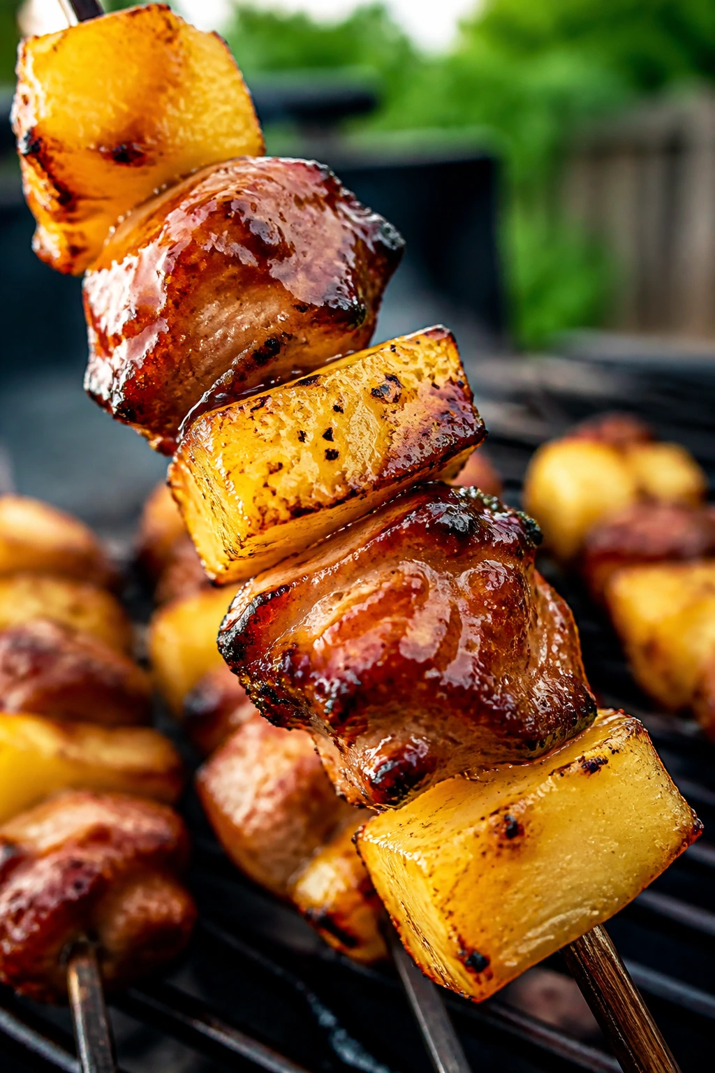 Glossy teriyaki chicken with pineapple on skewers