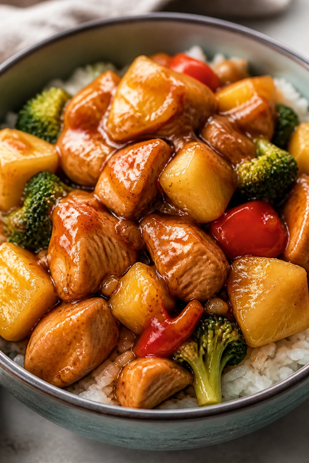 Teriyaki pineapple chicken over rice in a bowl