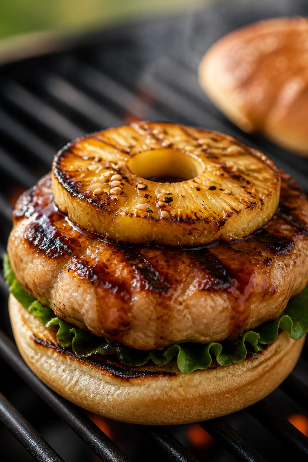 Teriyaki pineapple turkey burger on a bun with grilled pineapple